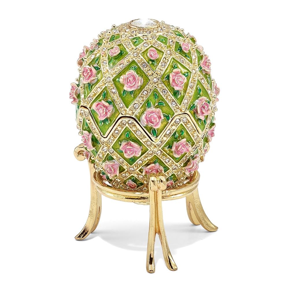 Luxury Giftware by Jere Pewter Bejeweled Crystals Gold-tone Enameled ROSE GARDEN Floral (Plays Memory) Musical Egg with Matching 18 Inch Necklace QBJ2065