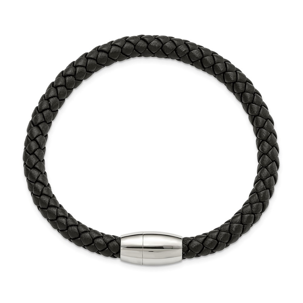 Stainless Steel Polished Black Leather 8.5in Bracelet 8.5 inches
