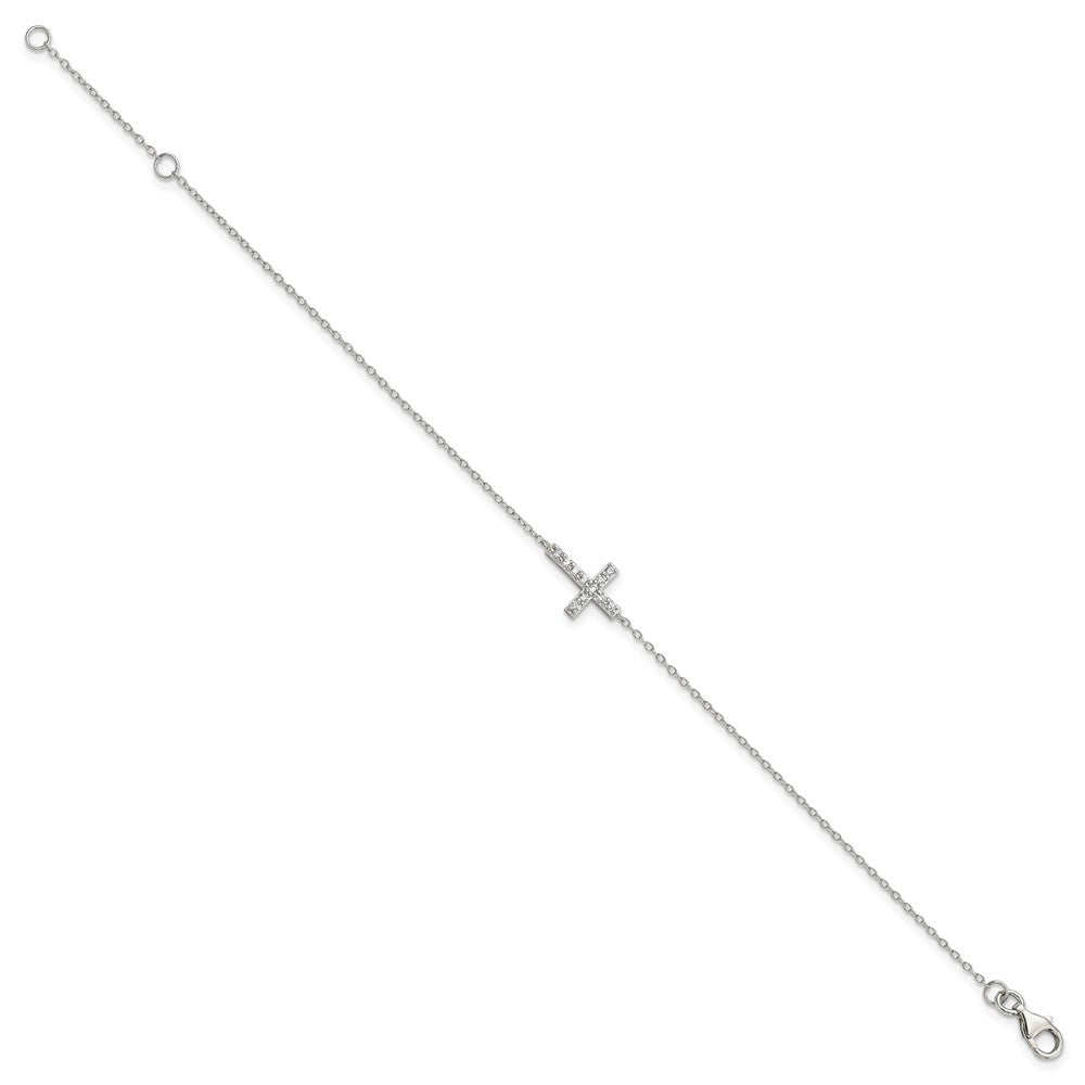 Sterling Silver Rhodium-plated CZ Sideways Cross w/1in Ext Bracelet 7 inches