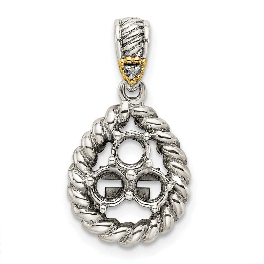 Sterling Silver Antiqued w/14k 3-stone w/Diamond Mothers Pendant Semi-Mount