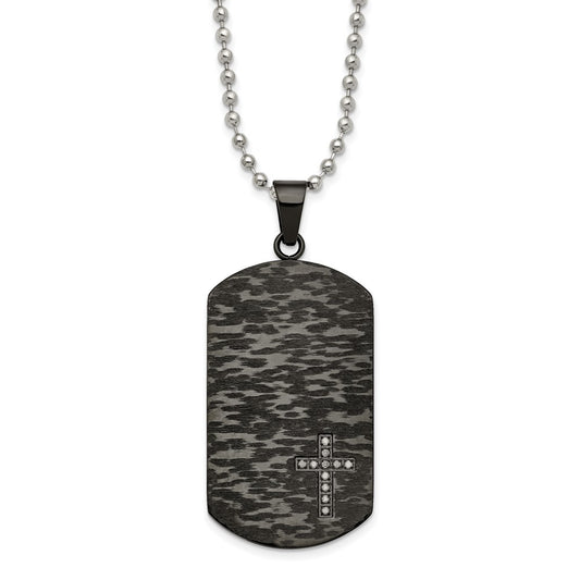 Stainless Steel Polished/Brushed IP-plated 1/10ct.tw Dia Dog Tag Necklace