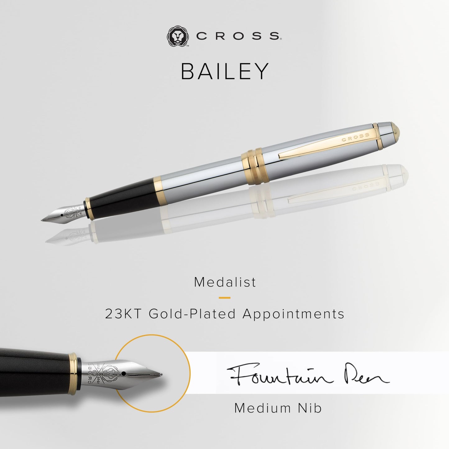 Cross Bailey Refillable Fountain Pen, Medium Nib, Includes Premium Gift Box - Medalist Chrome