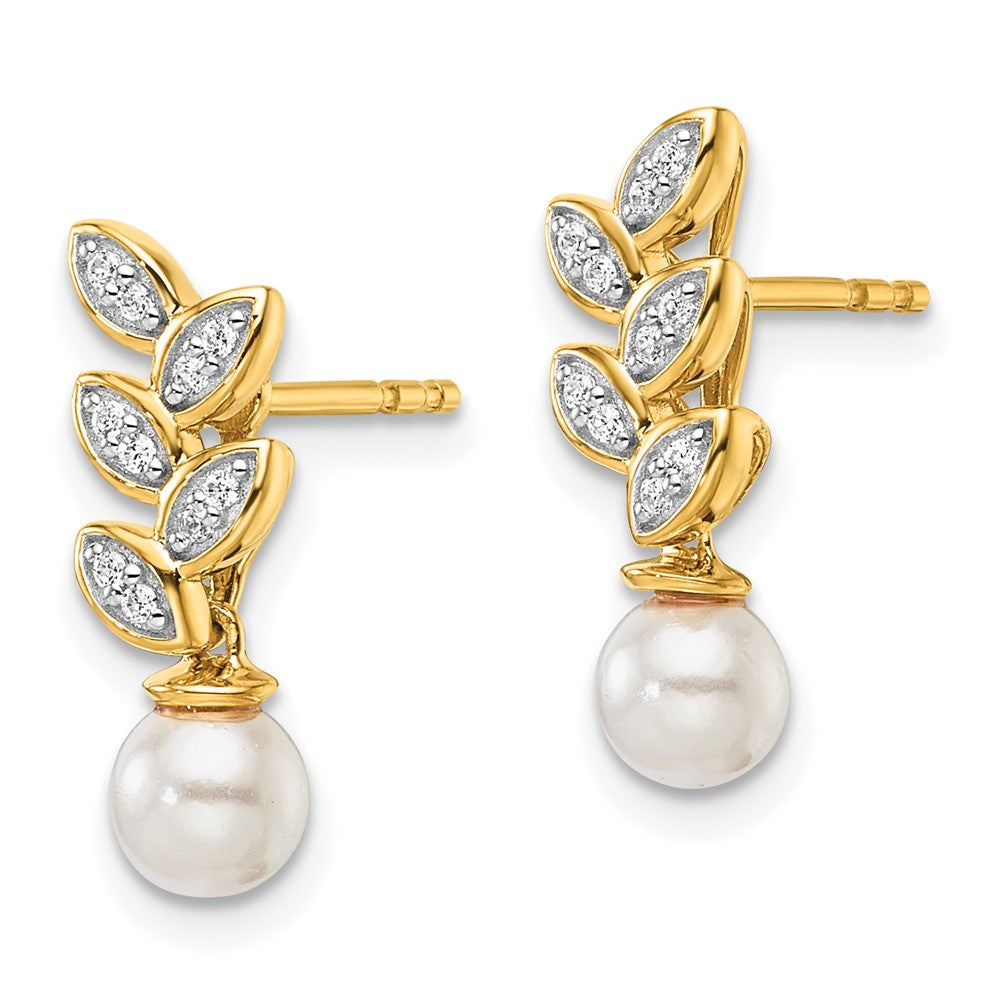 14K Gold Polished 1/10 Carat Diamond & White Freshwater Cultured Pearl Leaf Dangle Post Earrings