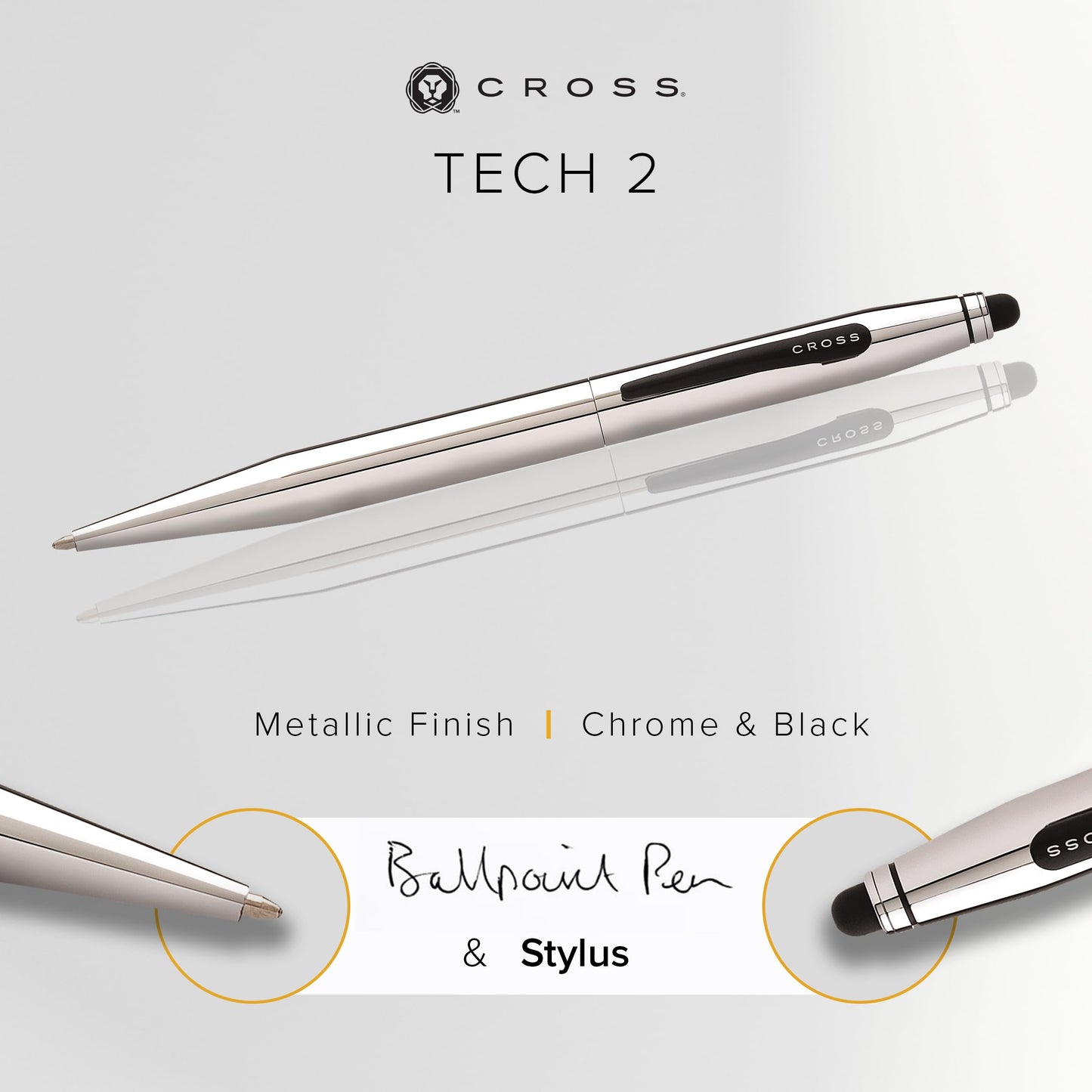 Cross Tech2 Refillable Ballpoint Pen, Medium Ballpen With Stylus, Includes Premium Gift Box - Chrome