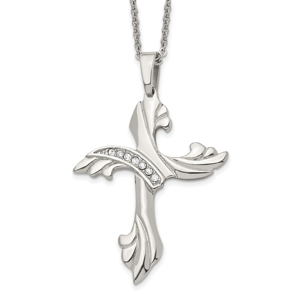 Stainless Steel Polished w/CZ Cross 20in Necklace