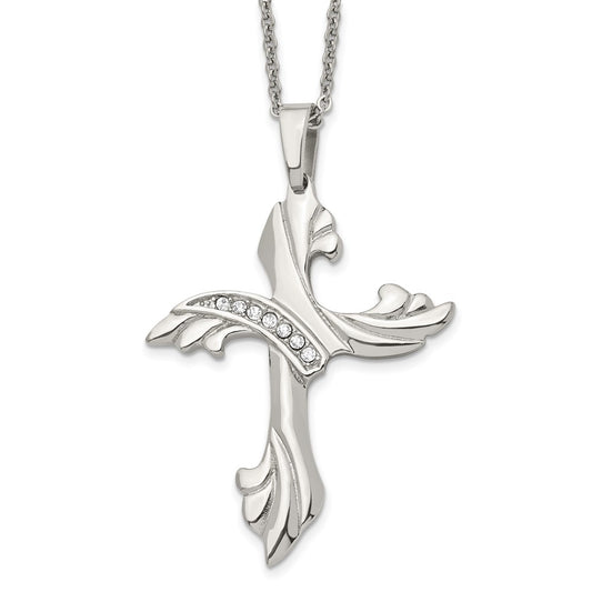 Stainless Steel Polished w/CZ Cross 20in Necklace