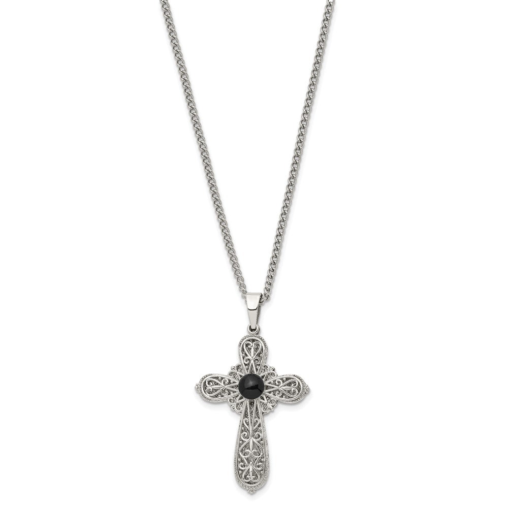 Stainless Steel Brushed and Polished Black Epoxy Prayer Cross Necklace