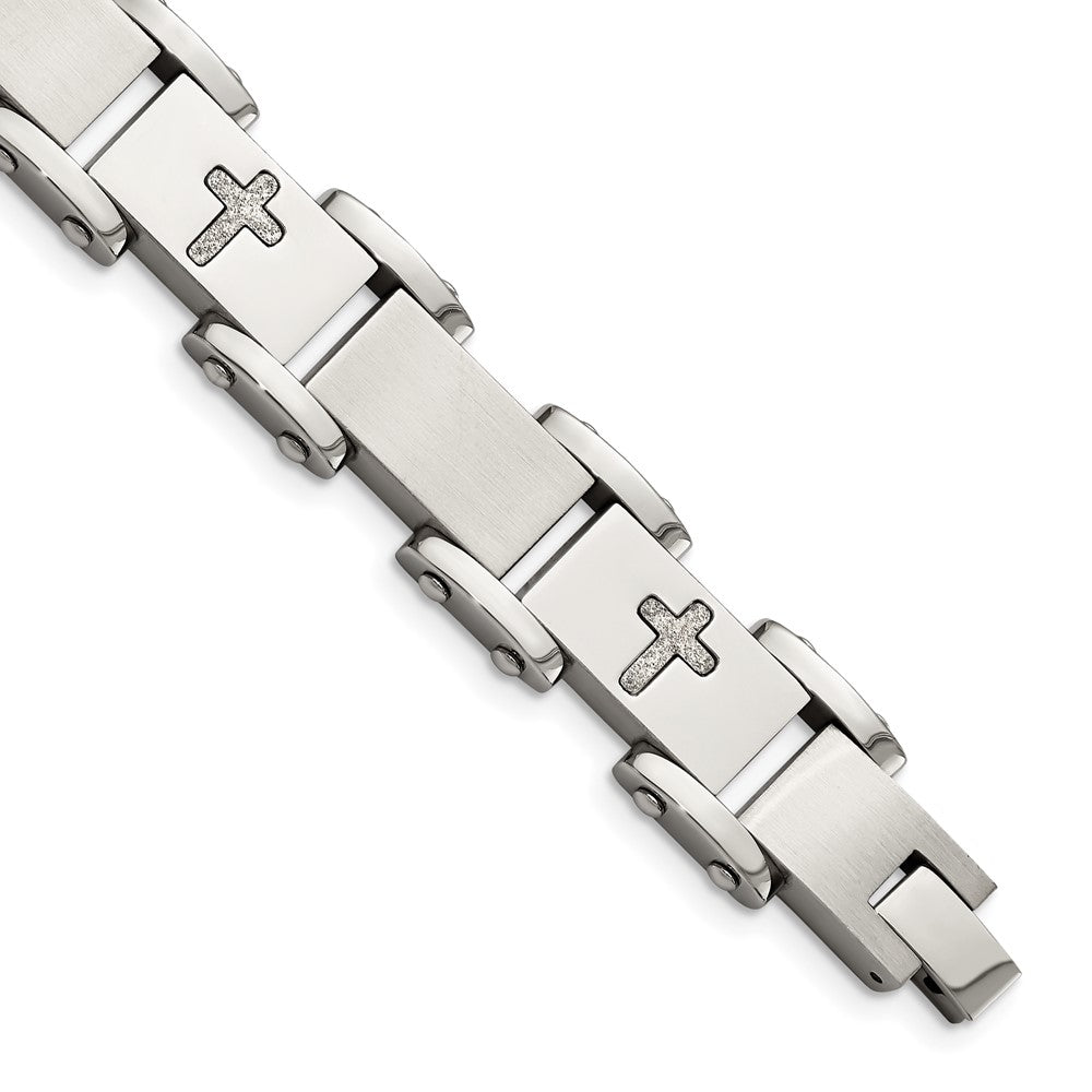 Stainless Steel Brushed Polished and Laser Cut Crosses 8.75in Bracelet 8.75 inches