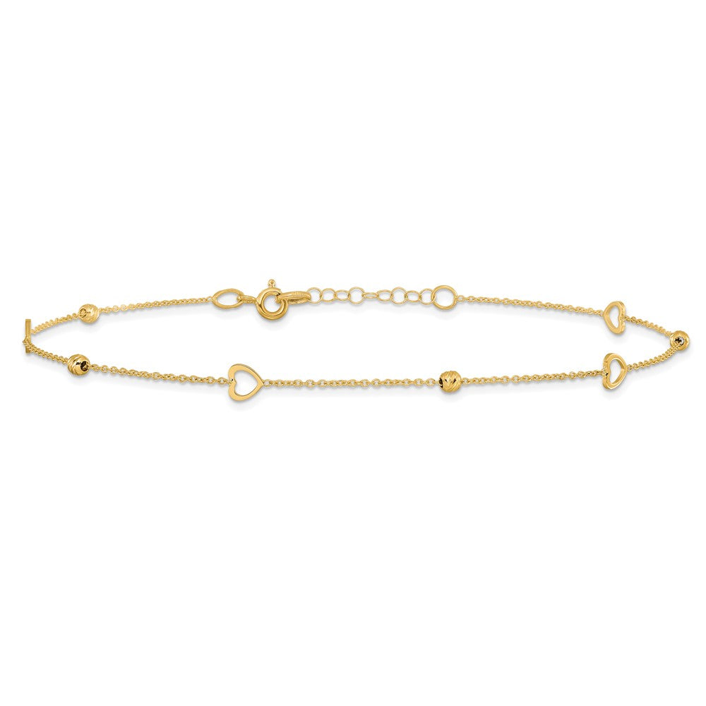 14K Polished and D/C Heart w/1in ext. Anklet