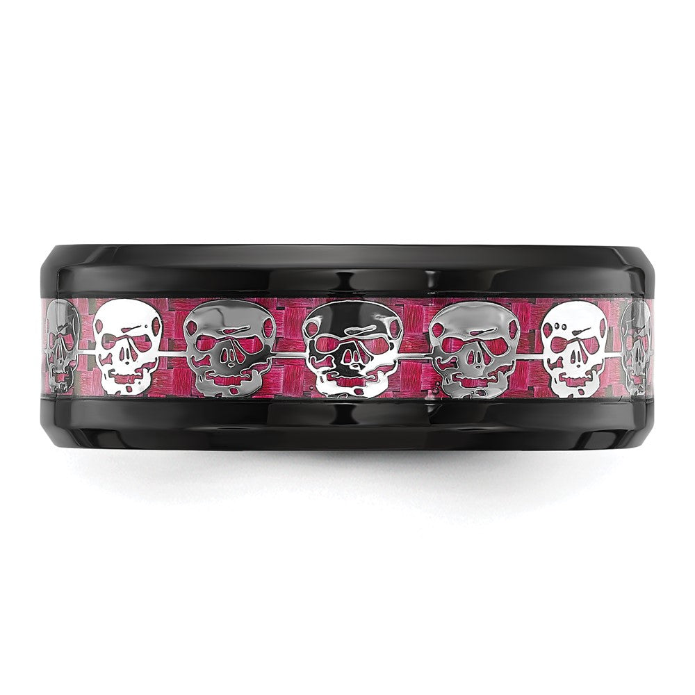 Chisel Stainless Steel Polished  Black IP-plated Skulls with Pink Carbon Fiber Inlay 8mm Band Size - 11