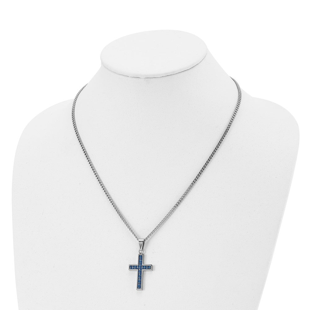 Stainless Steel Polished w/Blue Carbon Fiber Inlay Cross 20in Necklace