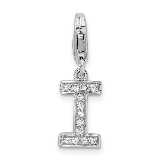 Amore La Vita Sterling Silver Rhodium-plated Polished CZ Letter I Initial Charm with Fancy Lobster Clasp