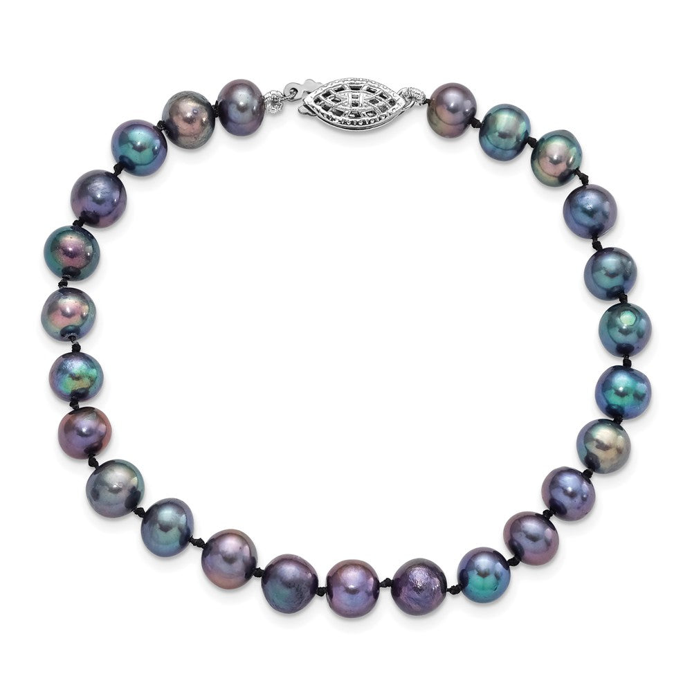 Sterling Silver Rhodium-plated 6-7mm Black Near-Round Freshwater Cultured Pearl 7.25 inch Bracelet 7.25 inches