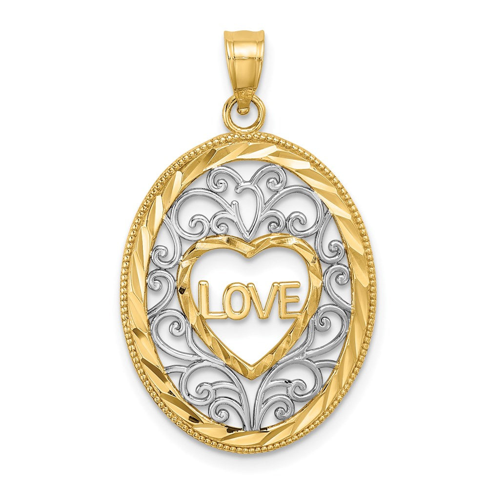 14k w/Rhodium LOVE Filigree Accent Oval Charm
