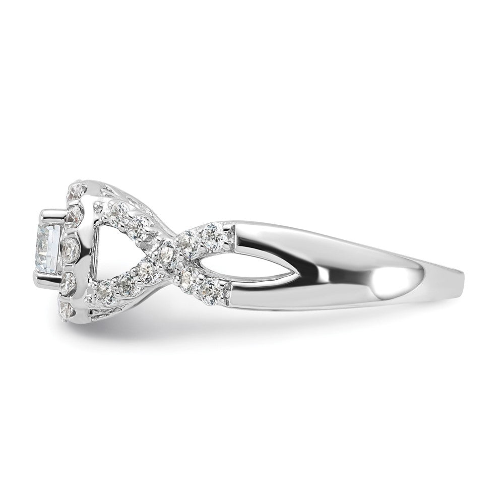 Sterling Silver Rhodium-plated Diamonore CZ Twisted Round Halo Ring