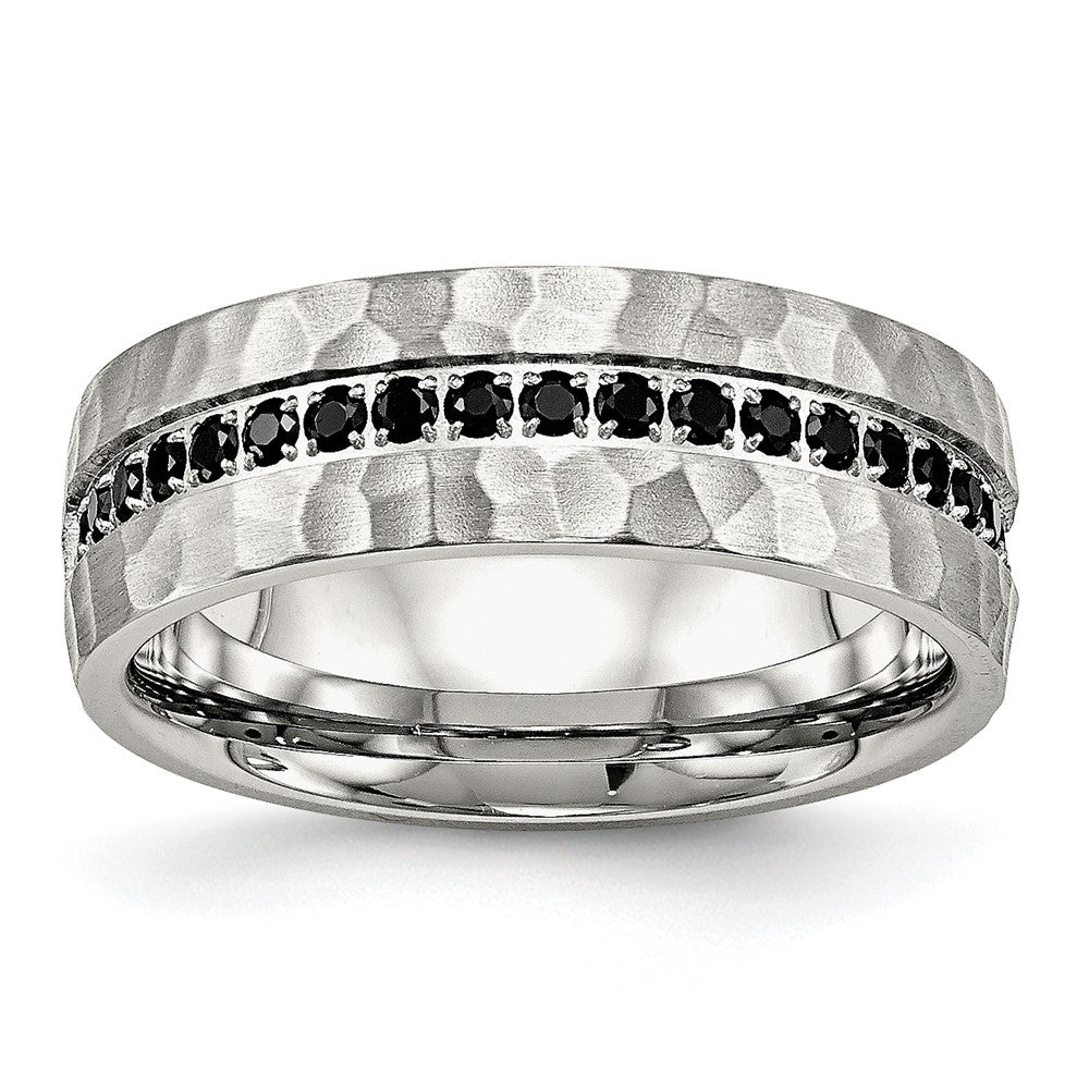 Stainless Steel Brushed and Hammered w/Black CZ 7.5mm Band Size - 7.5