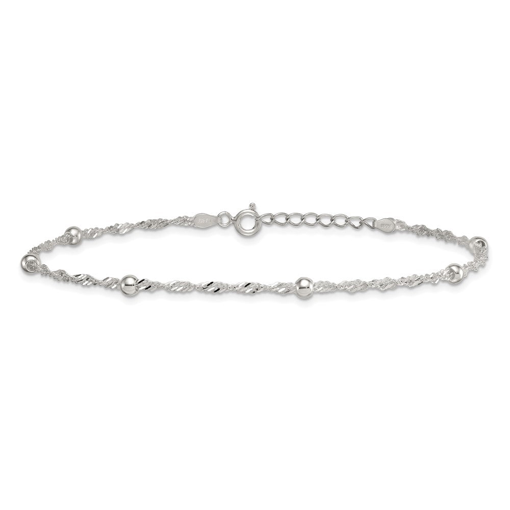 Sterling Silver Polished and Beaded 6-Station Fancy Link 9 inch with 1 inch Extension Anklet