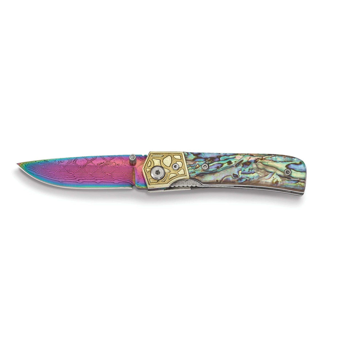 Luxury Giftware Damascus Steel 256 Layer Folding Blade Genuine Abalone Shell Handle Knife with Leather Sheath and Wooden Gift Box QKN3386