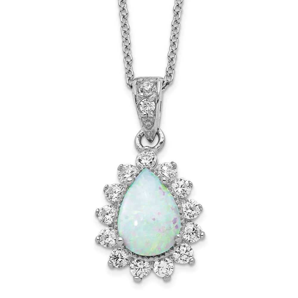 Cheryl M Sterling Silver Rhodium-plated Cabochon Lab Created Opal and Brilliant-cut CZ Teardrop Halo 18 Inch Necklace 18 Inches
