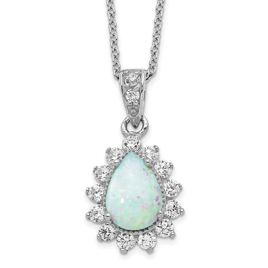 Cheryl M Sterling Silver Rhodium-plated Cabochon Lab Created Opal and Brilliant-cut CZ Teardrop Halo 18 Inch Necklace 18 Inches