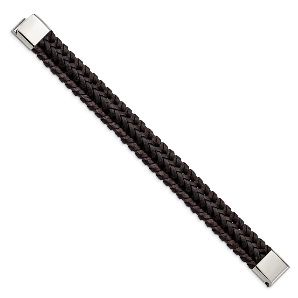 Stainless Steel Polished Braided Brown Leather 8.5in Bracelet 8.5 inches