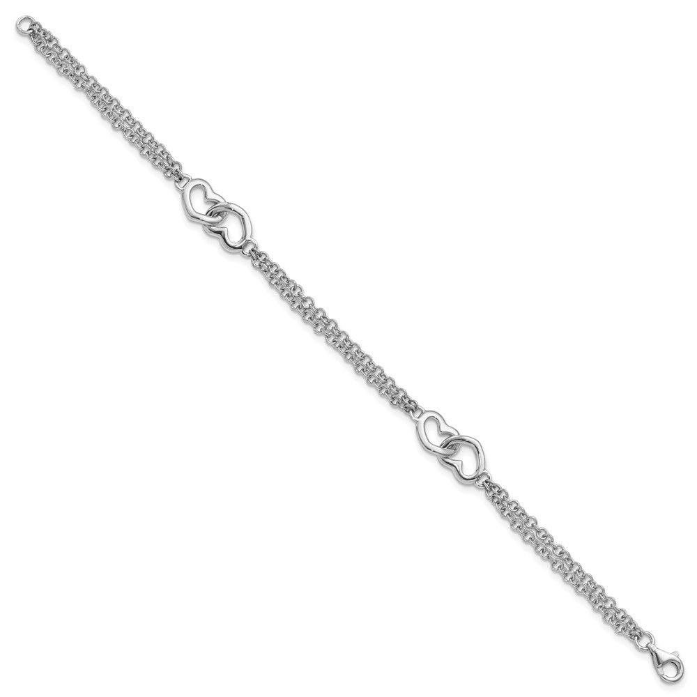 Sterling Silver Rhodium-plated Hearts Double Chain Bracelet 7 inches