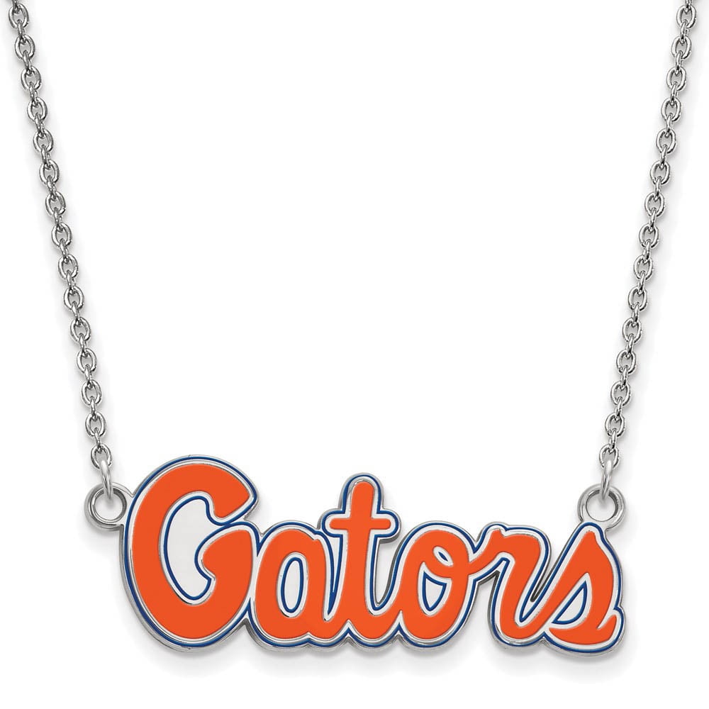 Sterling Silver Rhodium-plated LogoArt University of Florida Gators Script Small Enameled Pendant 18 inch Necklace QSS080UFL-18