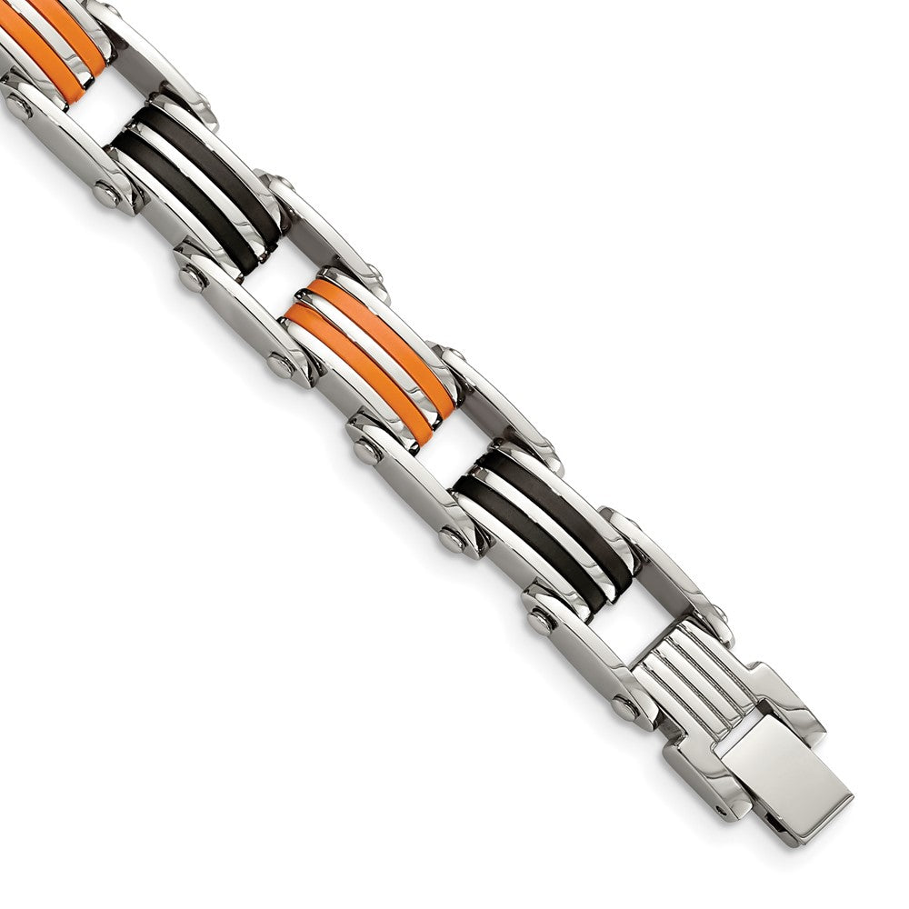 Stainless Steel 8.5in Polished with Rubber Black and Orange Bracelet 8.75 inches