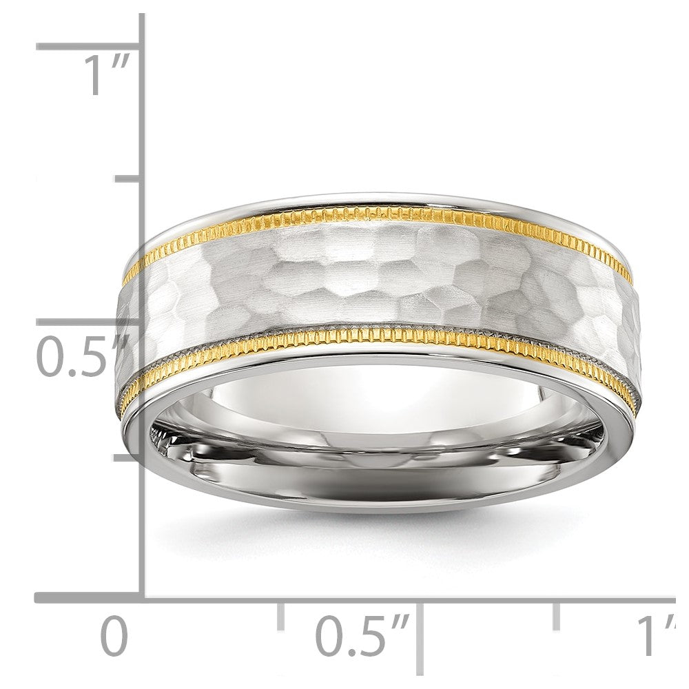 Chisel Stainless Steel Brushed and Polished Hammered Yellow IP-plated 8mm Band Size - 10