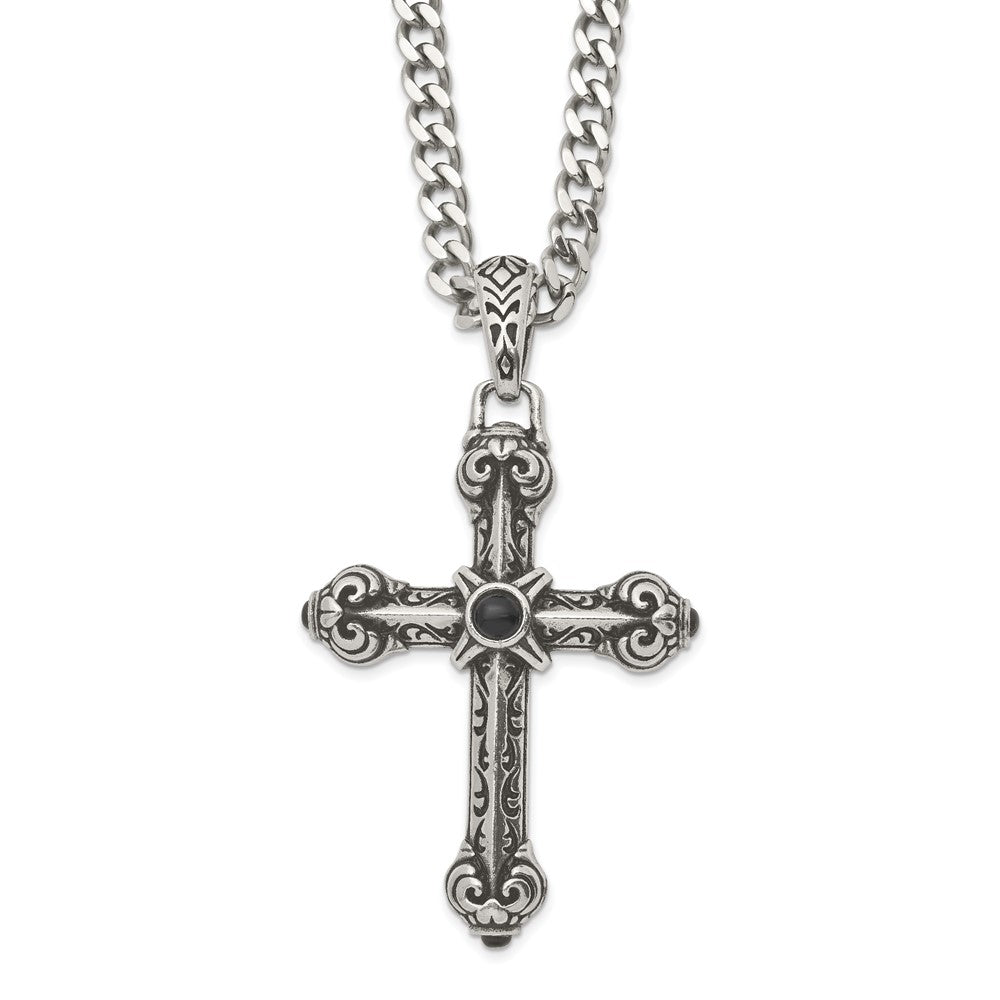 Stainless Steel Antiqued Cross w/Synthetic Black Agate 24in Necklace