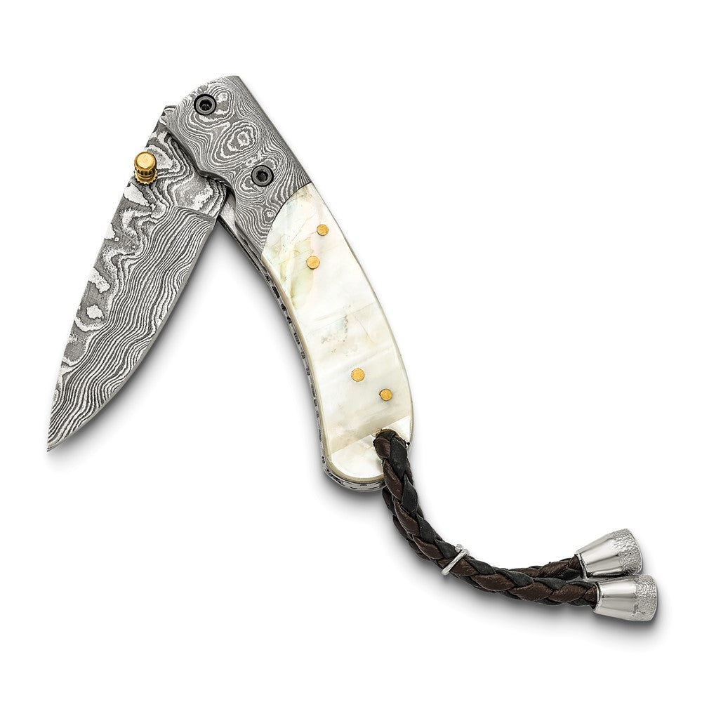 Luxury Giftware Damascus Steel 256 Layer Folding Blade Mother of Pearl Handle Knife with Leather Sheath and Wooden Gift Box