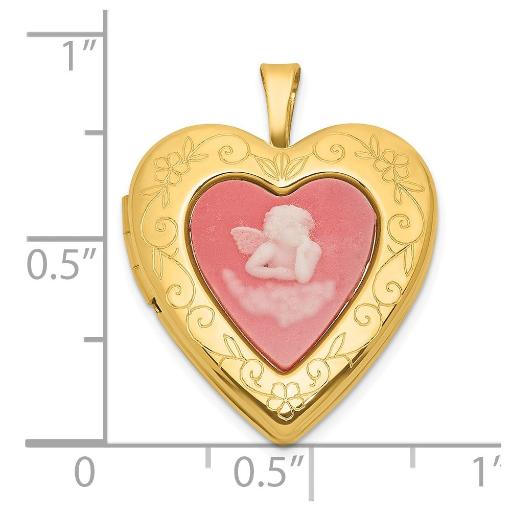 Sterling Silver Gold-plated Polished Front/Brushed Back Pink Angel Resin Cameo 20mm Heart Locket