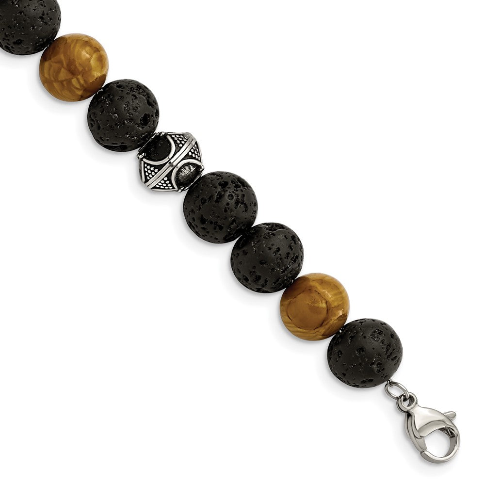 Stainless Steel Antiqued 9.5-10mm Lava/Red Wood Stone w/1in ext Bracelet 7.25 inches