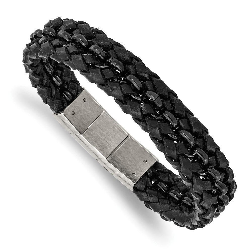 Stainless Steel Polished Black IP-plated Black Leather w/.5in ext Bracelet 8 inches
