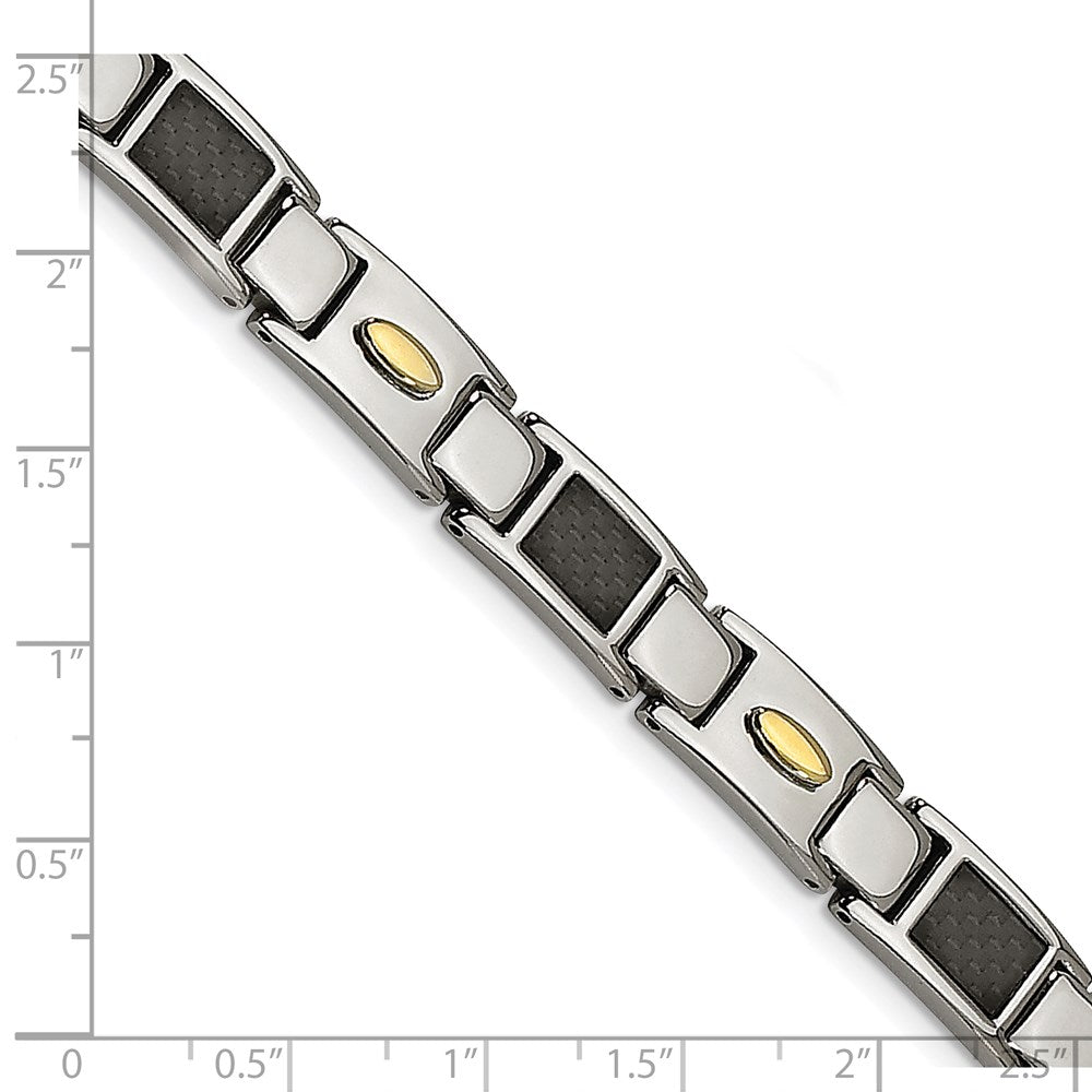 Stainless Steel Polished Yellow IP Black Carbon Fiber Inlay 9.25in Bracelet 9.5 inches