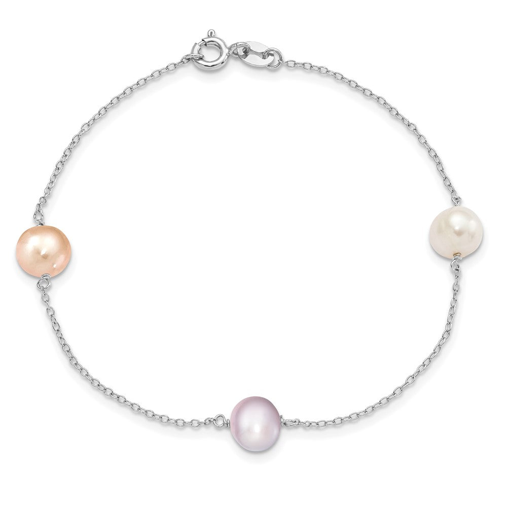 Sterling Silver Rhodium-plated 7-8mm White, Pink and Purple Semi-Round Freshwater Cultured Pearl 3-Station 7.5 inch Bracelet 7.5 inches