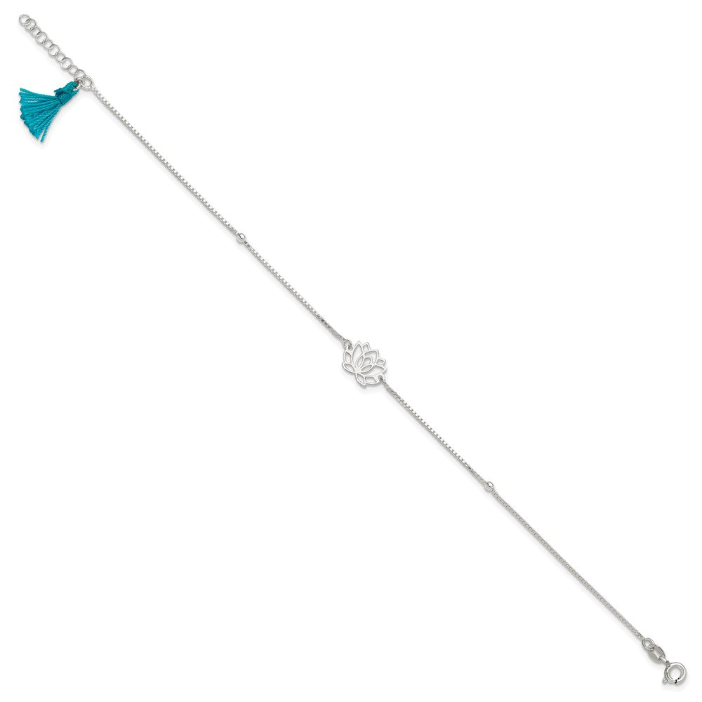 Sterling Silver Lotus with Blue Fabric Tassel 9in Plus 1in ext. Anklet 9 inches