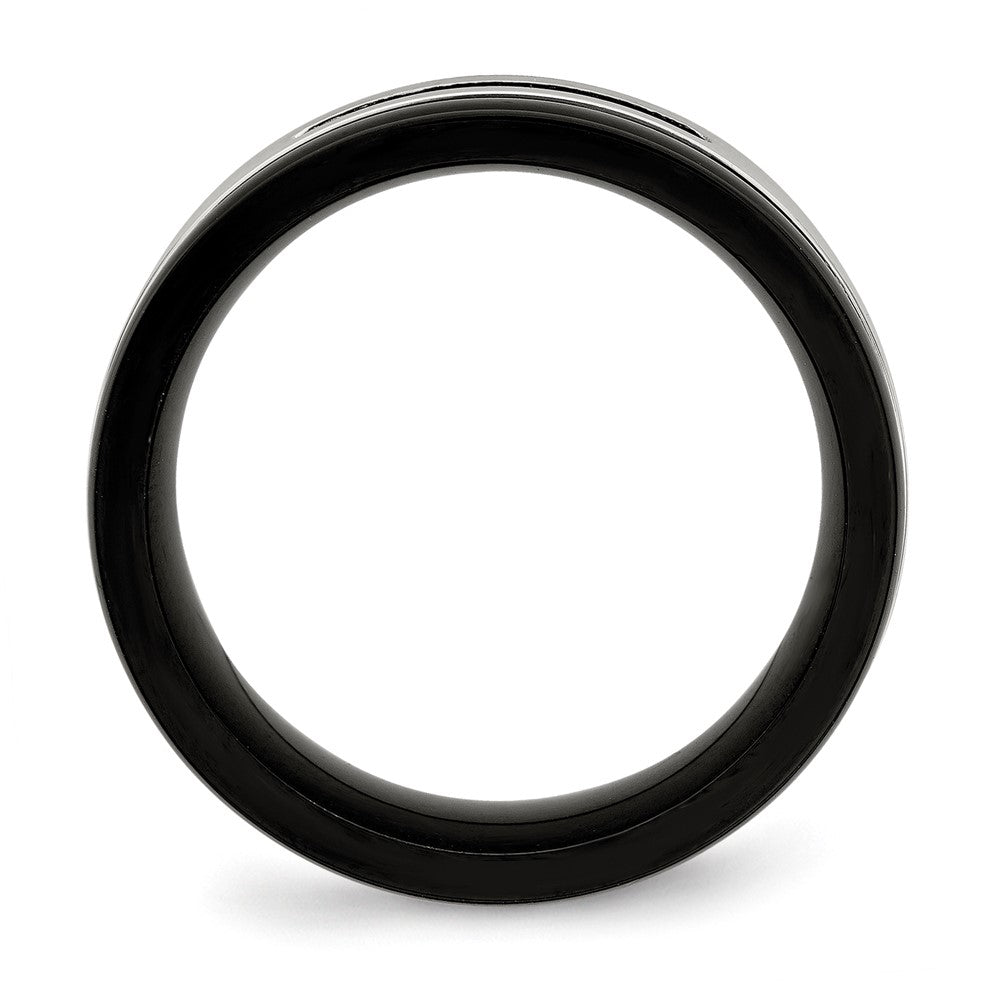 Stainless Steel Brushed/Polished Black IP & Black CZ 8mm Grooved Band Size - 7.5