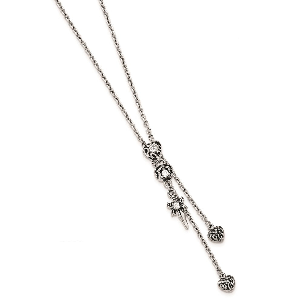 Stainless Steel Polished & Antiqued CZ Gothic Hearts & Sword Adjustable Necklace