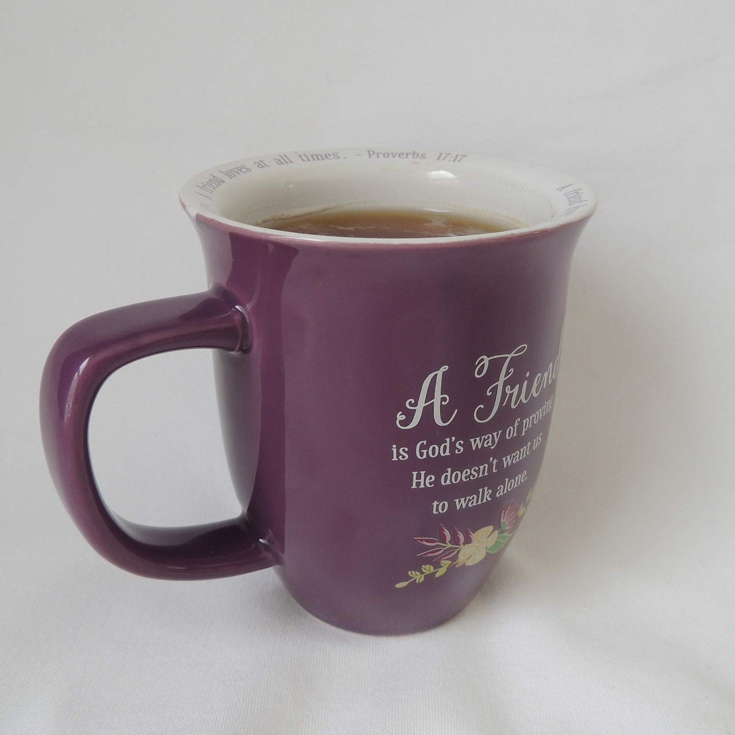 A FRIEND Proverbs 17:17 Purple Floral 14 oz. Ceramic Mug and Coaster Set Boxed QGM21144