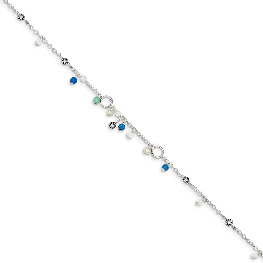 Sterling Silver Turquoise/Clear Bead/FW Cultured Pearl Anklet 9 inches