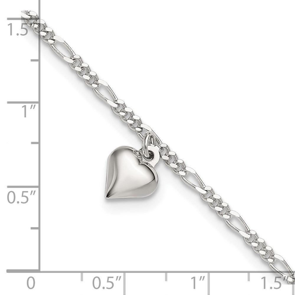 Sterling Silver Polished Heart 9 in Plus 1in ext. Anklet 9 inches