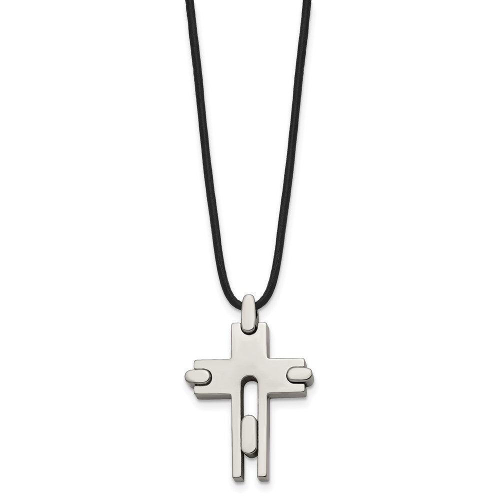 Titanium Polished Cross Leather Cord 18in Necklace