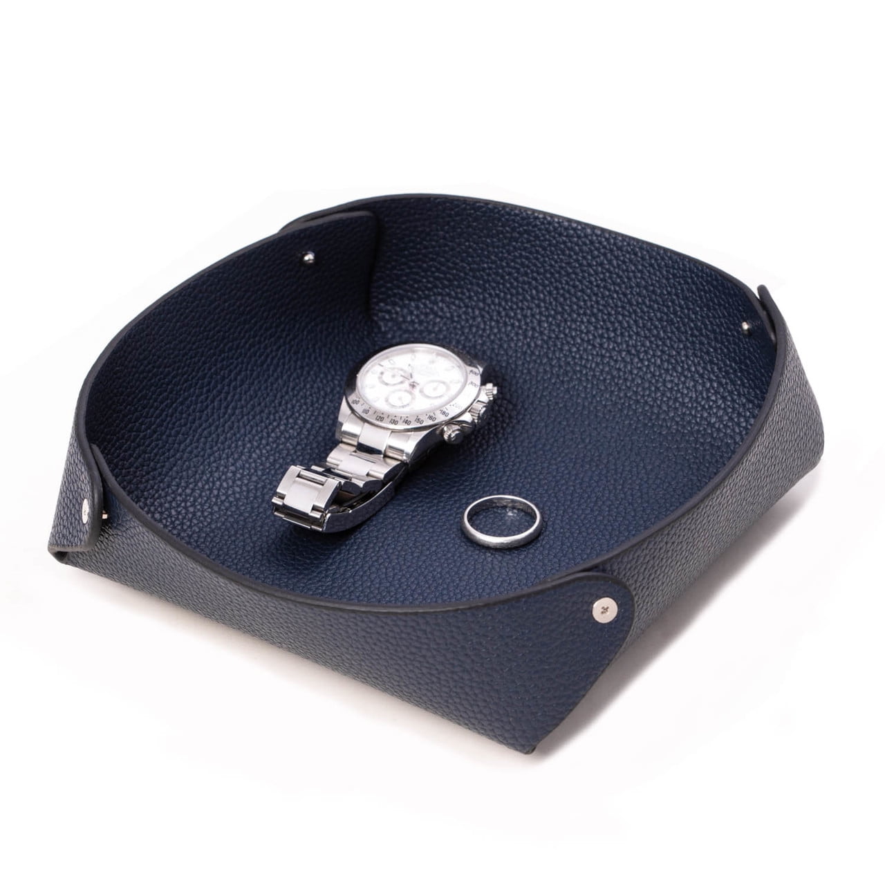 Leather Catchall Valet Tray In Lay Flat Design - Navy