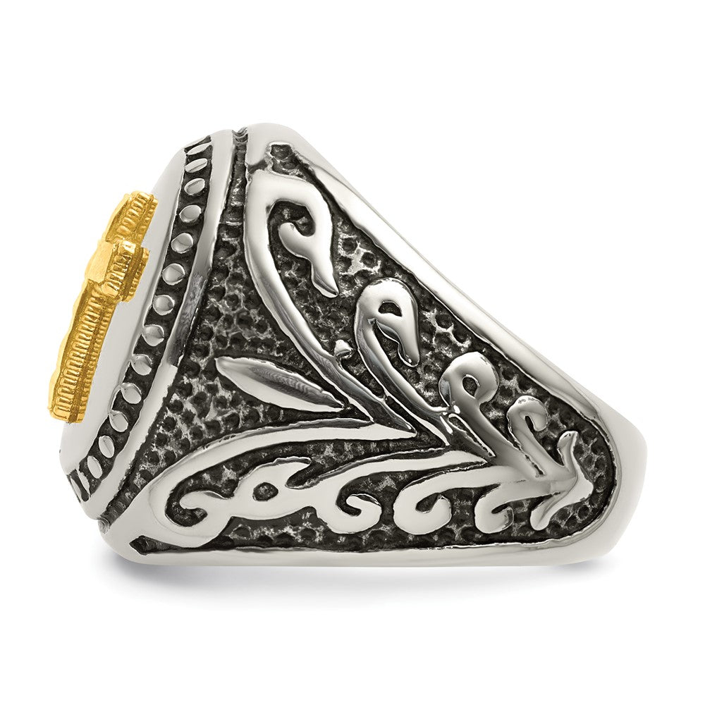 Stainless Steel w/14k Accent Antiqued and Polished Cross Ring Size - 9