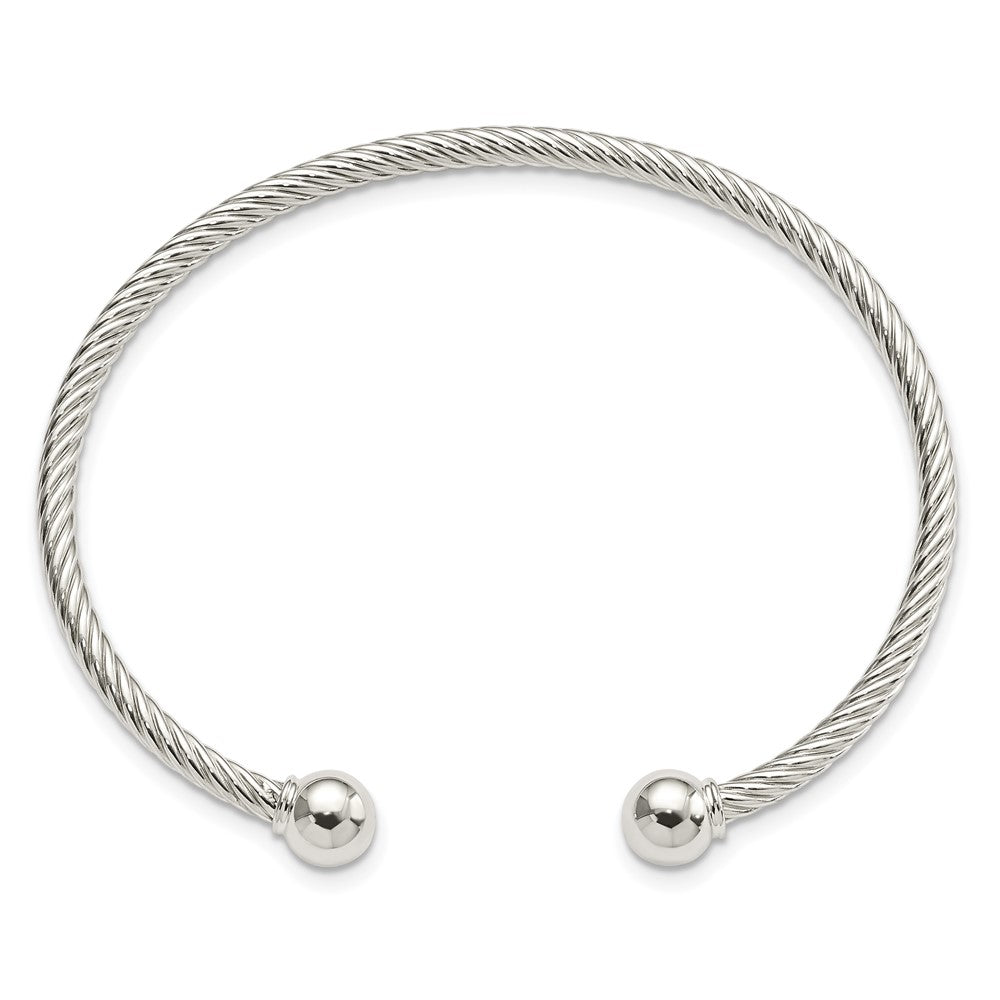 Sterling Silver Rhod-plated Twisted w/1 Thread Ball Cuff Bangle 7.5 inches