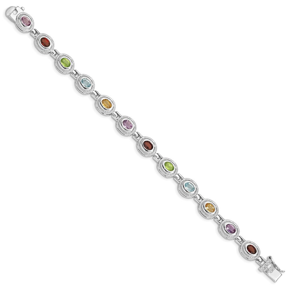 Sterling Silver Rhod-pltd 7inch Rainbow Multi-gemstone Bracelet 7 inches