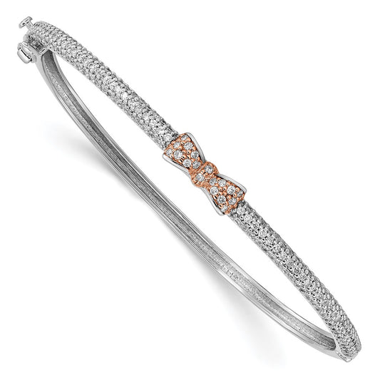 Sterling Silver Rose Tone CZ Bow Hinged Bangle