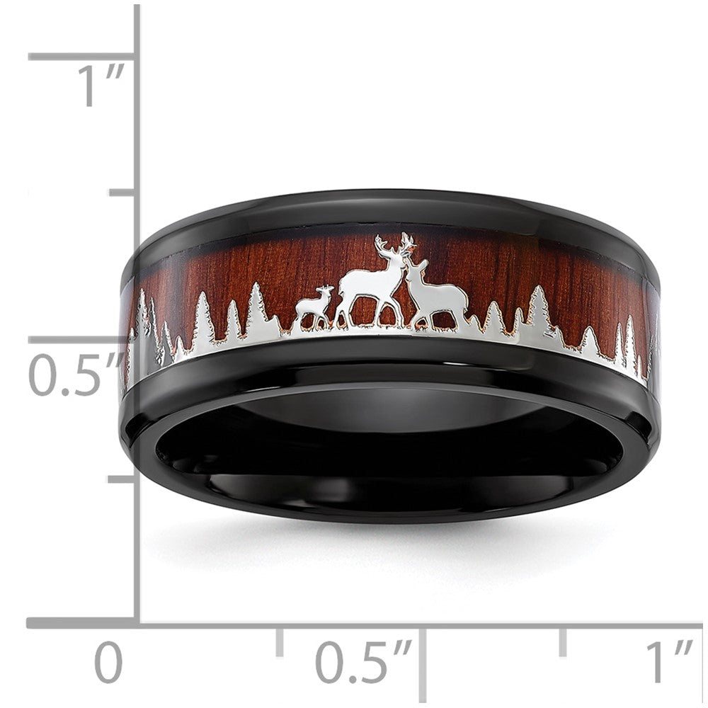 Chisel Stainless Steel Polished Black IP-plated with Wood Inlay Deer in Forest Design 9mm Band Size - 10.5