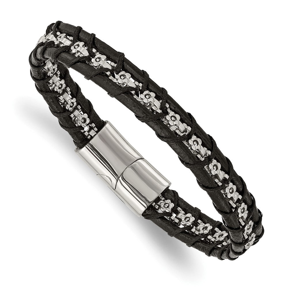 Stainless Steel Polished Flower Link Black Leather 8.25in Bracelet 8.25 inches